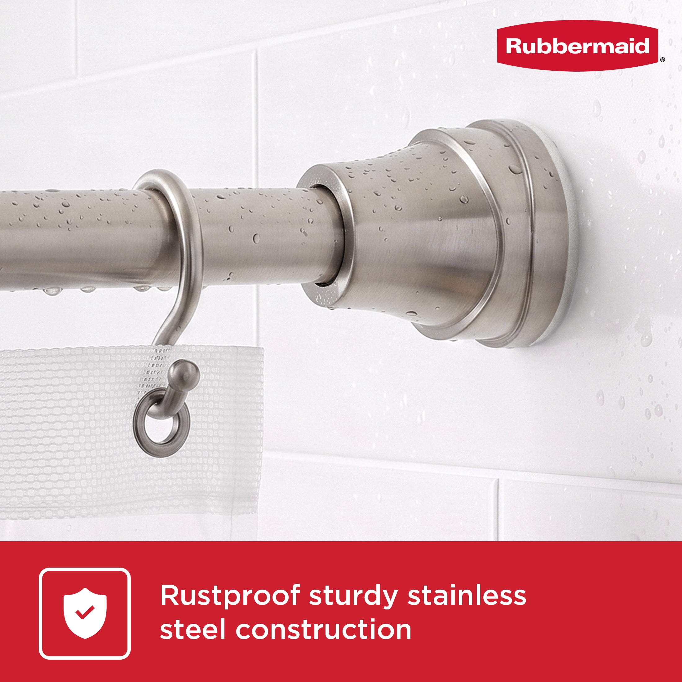 Rubbermaid No Drill Tension or Wall Mount 44" to 72" Adjustable Shower Curtain Rod, Rustproof Stainless Steel, Brushed Nickel