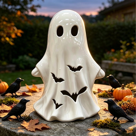 Halloween Savings Ceramic White Ghost Halloween Decor Light Up Ghost Figurine with Cutouts Spooky Tabletop Ornament for Mantel Shelf indoor Holiday Decoration Halloween Decorations indoor Outdoor