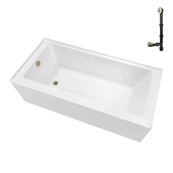 Streamline NAL-5600-PBR 66 in. x 32 in. Acrylic Left-Hand Drain Alcove Bathtub in Glossy White With External Drain in Polished Brass