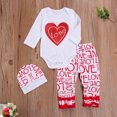 thumbnail image 2 of Babies Three-piece Clothes Set, White Long Sleeve Valentine Day Romper + Letters Printed Pattern Pants + Cap/ Headdress, 2 of 6