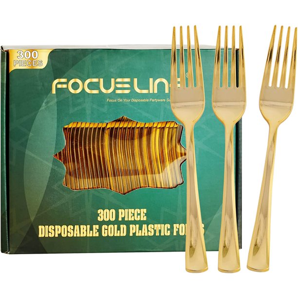 FOCUSLINE 300 Pack Disposable Gold Plastic Cutlery Forks