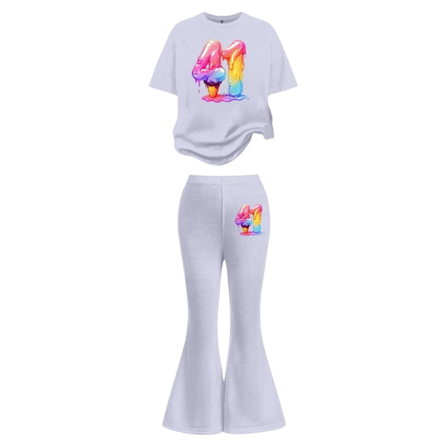 Rhuody Ensembles pour Filles Rentrée des Classes Imprimés de Dessins Animés Manches Courtes Survêtement Col Rond Hauts Pantalons Évasés Mignons Vêtements de Printemps Blanc 7-8 Ans