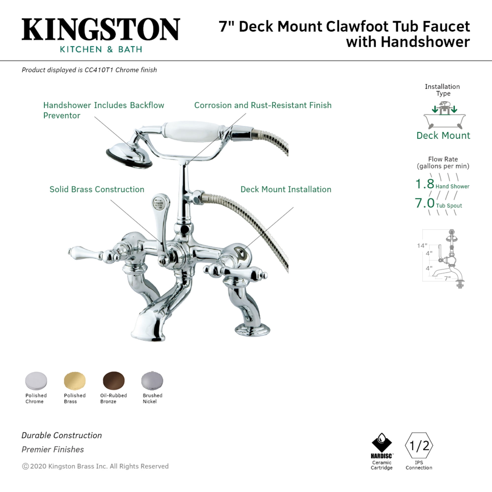 Kingston Brass CC409T2 Vintage 7" Center Deck-Mount Clawfoot Tub Faucet with Hand Shower, Polished Brass