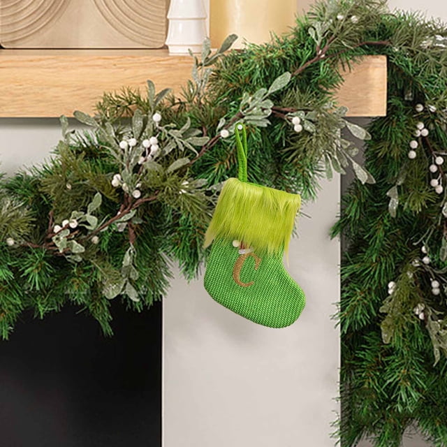 Xihbxyly Medias Navideñas de Punto, Diseño de Tela Verde, Nombre Personalizado (Diy), Decoración Del Hogar, Porta Regalos Festivos, Adornos para Repisa de Chimenea, Juego de 1