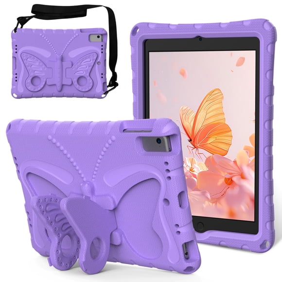 Allytechgroup iPad 6th 5th Gen Case, iPad Air 1 2 Case, Butterfly Design Kids Friendly Shockproof Kickstand EVA Shoulder Strap Bumper Lightweight Case for Apple iPad 9.7" 2017/2018, Lightpurple