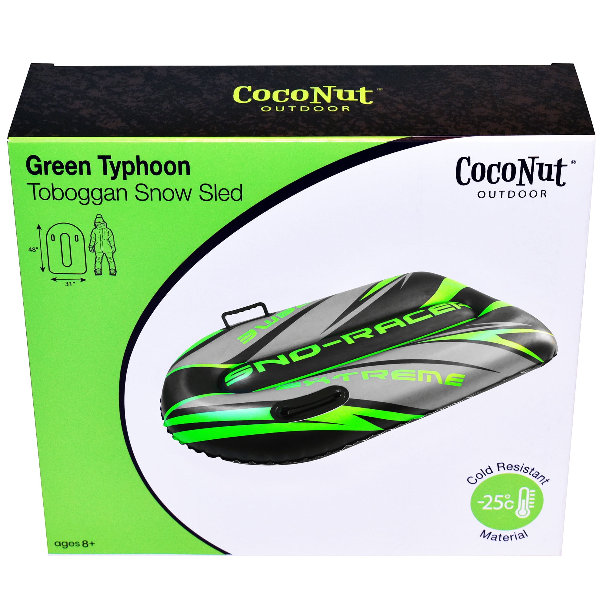 CocoNut Outdoor: Green Typhon Toboggan Snow Sled - 48x31" Lime-Black-Silver, Winter Inflatable, Cold Resistant PVC, 200lb Cap, Kids-Teens-Adults 8+