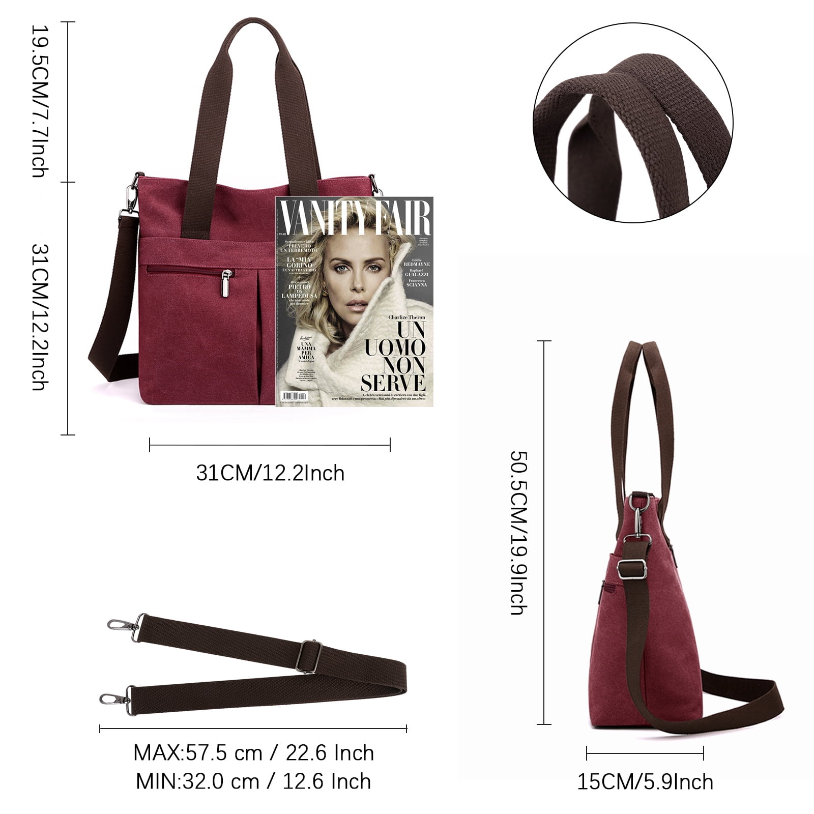 URSOFINE Women's Handbag Canvas Tote Bag Stylish Ladies Purse Lightweight Crossbody with Multi-Pocket & Adjustable Strap Durable Hobo Bags for Work Travel College Shopping Commuting Everyday Use