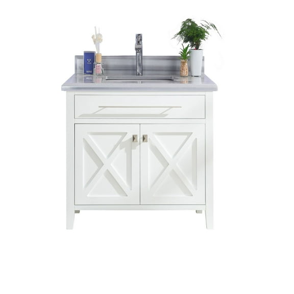 36-Inch Single Sink Bathroom Vanity With White Stripes Countertop - Color White - Laviva