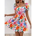 thumbnail image 4 of Women'S Floral Puff Sleeve Ruched Frill Trim Shirred A Line Boho Flared Dress White S, 4 of 9