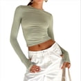 thumbnail image 3 of Camiseta Corta Ajustada para Mujer para Salir, Informal, de Color Liso, con Cuello Redondo y Larga Verde L, 3 of 8
