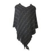 Tan's Lace Knit Poncho Sweater w Fringe, One Size, Black