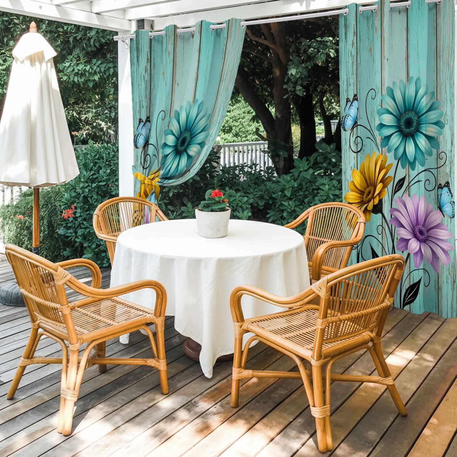 Vintage Flower Outdoor Curtains for Patio, Yellow Purple Daisy Blue Butterfly Green Wood Grain Sunshade Privacy Drapes Grommet Waterproof Outside Curtains for Porch/Cabana/Balcony 54"x 108", 1 Panel
