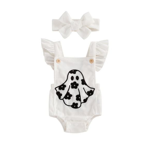 Michellecmm Halloween Baby Girl Outfit Fly Sleeve Ghost Flower Romper Hairband