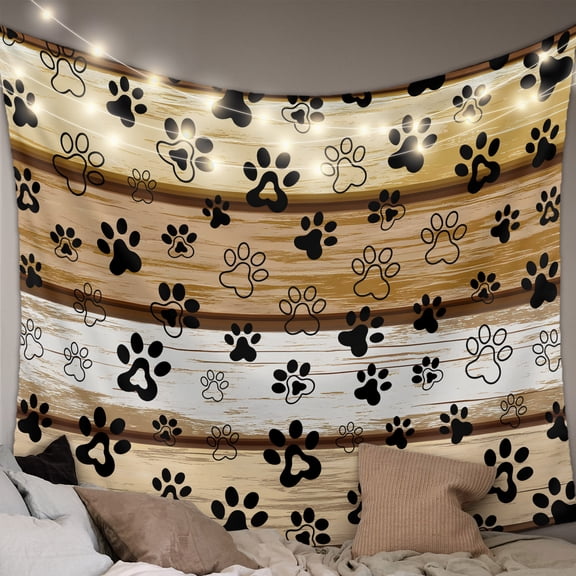 Brown Cat Paw Print Large Tapestry for Bedroom Wall Hanging Tapestry,Vintage Farmhouse Country Wooden Grain Ceiling Backdrop Tapestries Poster Blanket Wall Decor for Teens Room Living Room 100" x 59"