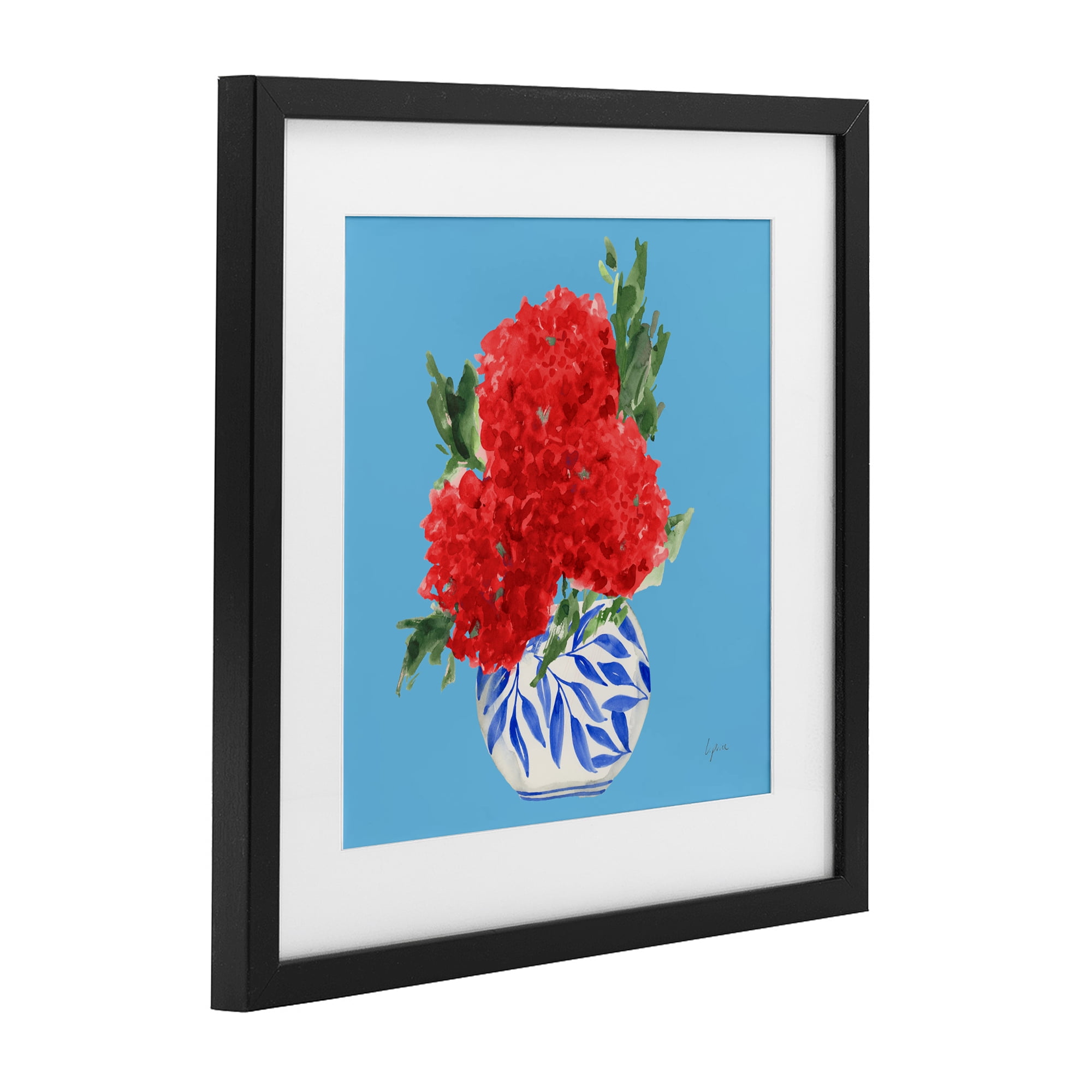Stupell Industries Red Hydrangeas Blue Vase Black Framed Print Under Glass, design by Lucille Price