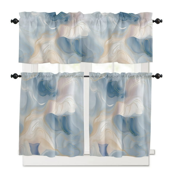 Blue Ombre Kitchen Curtains and Valances Set, 3 Piece Kitchen Curtains Set 24 Inch Length, Modern Geometric Yellow Lines Abstract Art Rod Pocket Curtains Tier Farmhouse Window Curtains