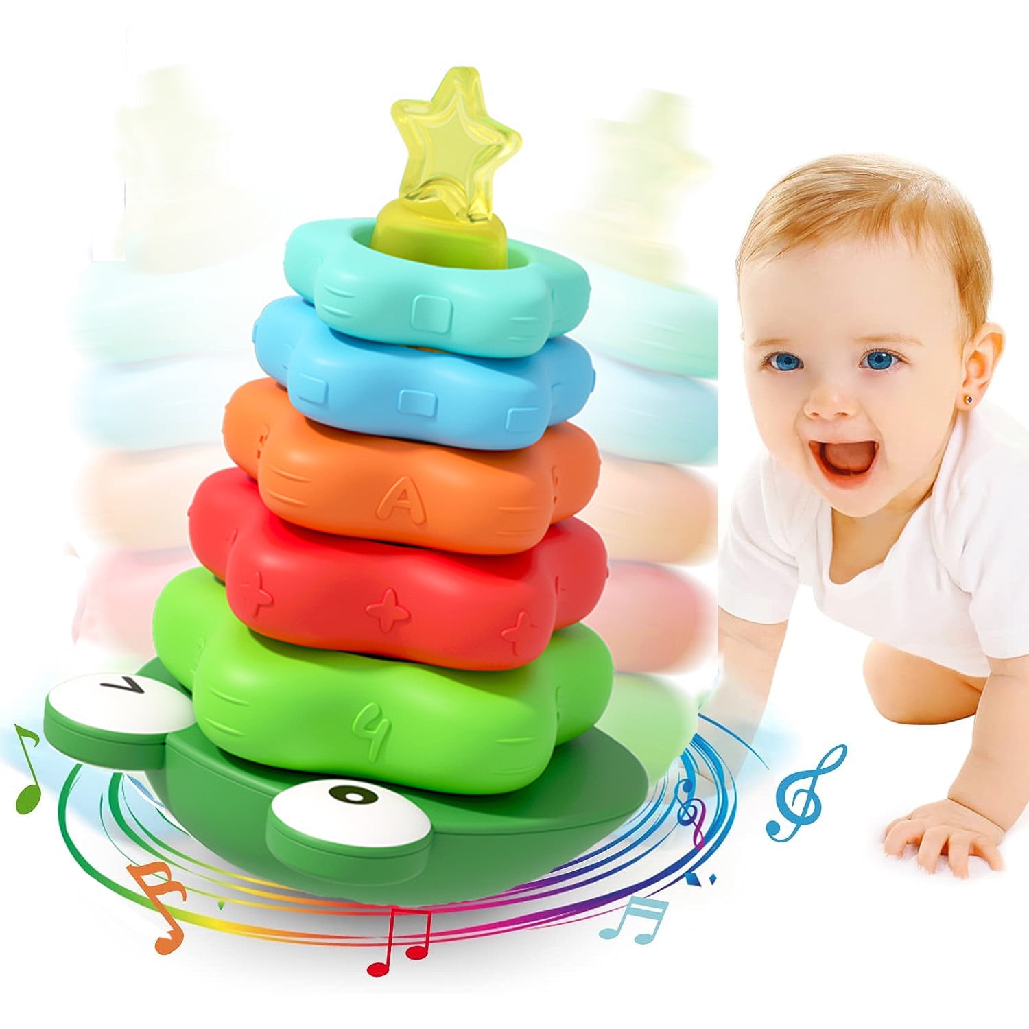 Stack Colorful Ring Infant Baby Stacking Toy for 1 Year Old with ABS Frog Base, Ideal Teaching Toy Building Blocks Gift to Toddlers Girls & Boys
