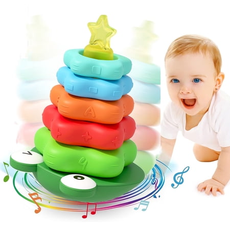 Stack Colorful Ring Infant Baby Stacking Toy for 1 Year Old with ABS Frog Base, Ideal Teaching Toy Building Blocks Gift to Toddlers Girls & Boys