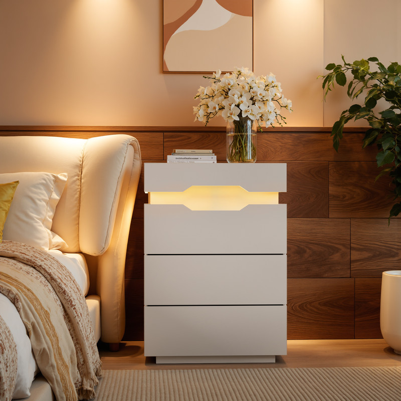 Vineego LED Nightstand with Charging Station, End Table Beside Table with 3 Drawers & Sliding Top for Bedroom Living Room,White