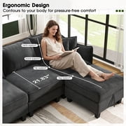 BedLuxury 112 Modular Sectional Sofa with 2 Moveable Storage Ottoman, Cloud Couch Seats 6, Modern Living Room Furniture, Chenille Black