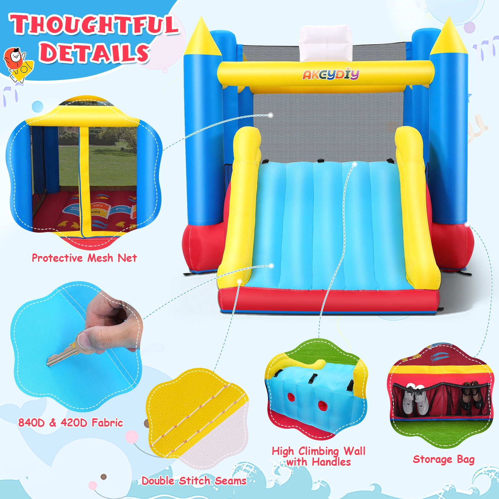 Adnoom Inflatable Bounce House for Big Kids 3~12, 15'x8' Large Bouncy House with 480w Blower, Indoor outdoor Commercial Jumping Castle with Wide Slide&2 Basketball Hoop for Party Backyard