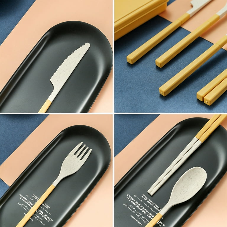 4 Sets Wheat Straw Cutlery,Portable Cutlery Spoon Knife Fork