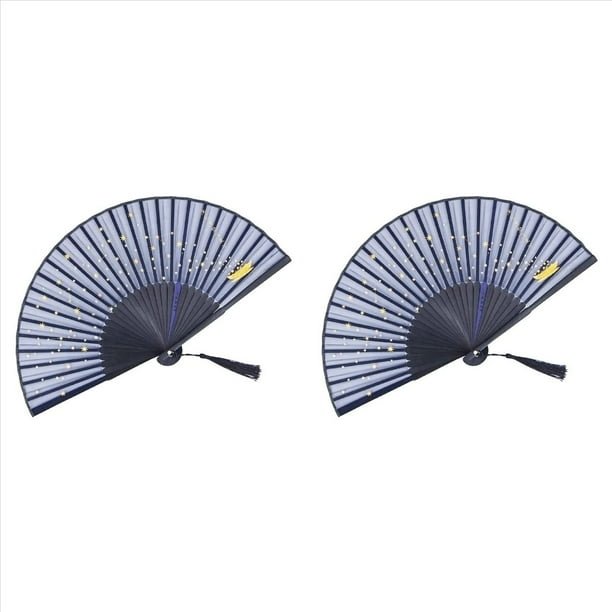 2X Abanico de Mano Plegable Pequeño para Mujer Abanicos de Seda de Bambú de Estilo Vintage Japonés para Fiesta Decoración de Baile de Boda Azul