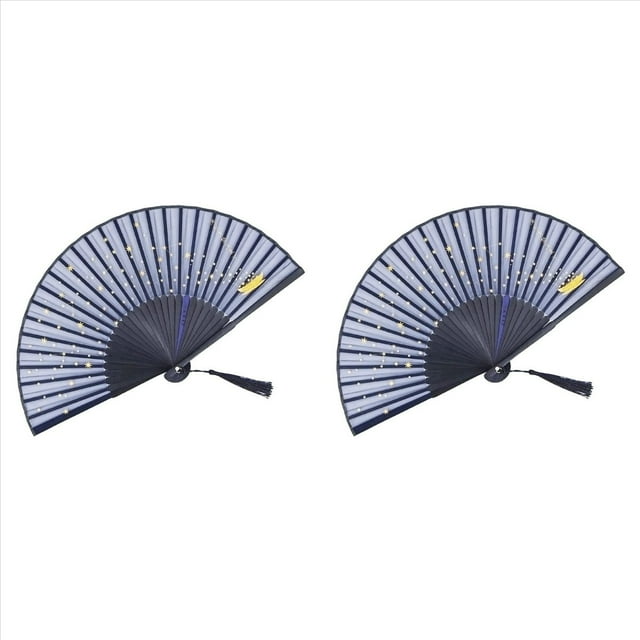 2X Abanico de Mano Plegable Pequeño para Mujer Abanicos de Seda de Bambú de Estilo Vintage Japonés para Fiesta Decoración de Baile de Boda Azul