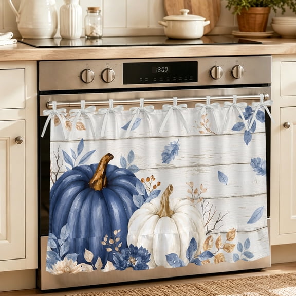 Oven Skirt Curtain for Kitchen 21.5x30 Inch, Navy Blue Pumpkin Fall Oven Curtain with 8 Ribbon Ties & Ruffle Trim, Stove Skirt Curtain Dishwasher for Cabinets Sinks Thanksgiving Wooden Autumn Leaves
