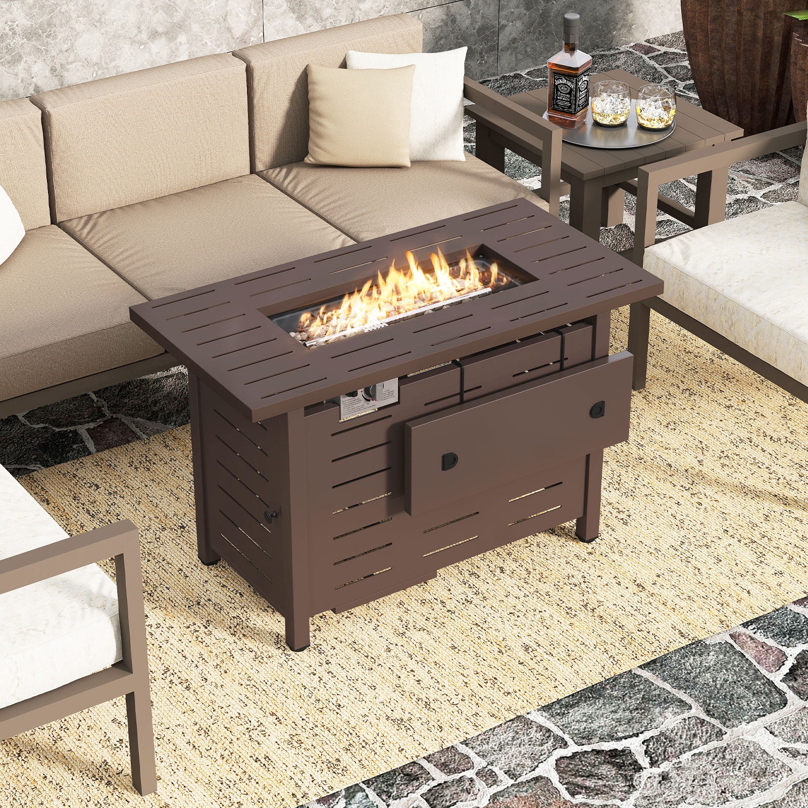 Costway 40-Inch Outdoor Propane Fire Pit with Lava Rocks Removable Lid & Protective Cover Brown