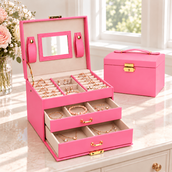 JoyStone 3 Layer Leather Jewelry Box Built-in Mirror, Portable Travel Jewelry Storage Case with Lock, Gift Jewelry Case for Women Girls,Pink