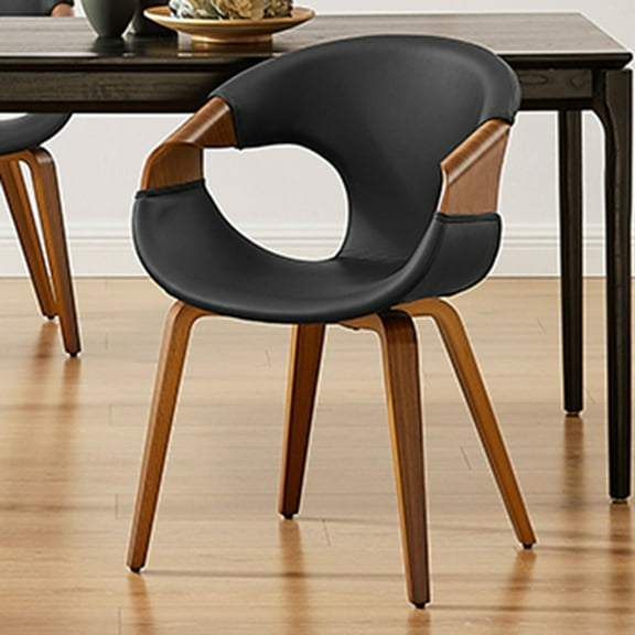 Black Faux Leather Dining Arm Chair with 4 Wood Legs in Dining Room