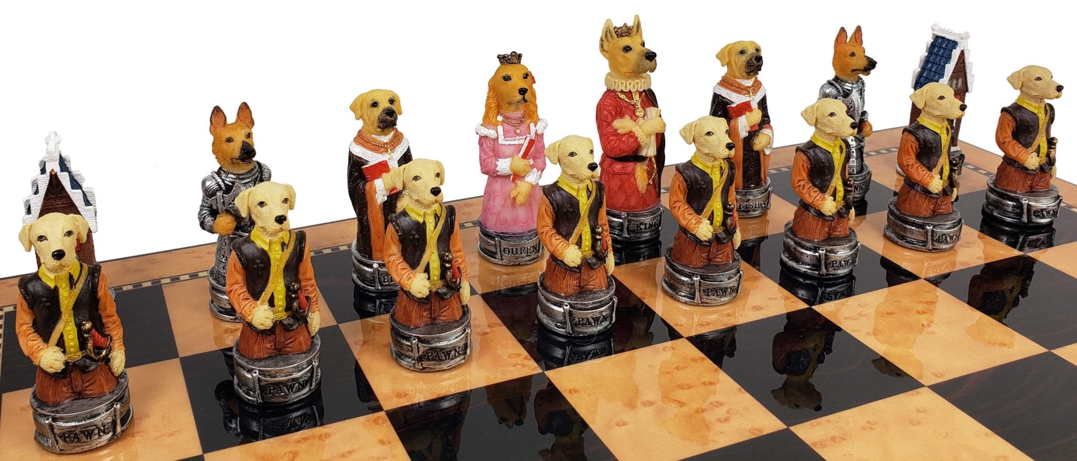 Royal Cats Vs Dogs Chess Chess Set W 18" Walnut Color Board