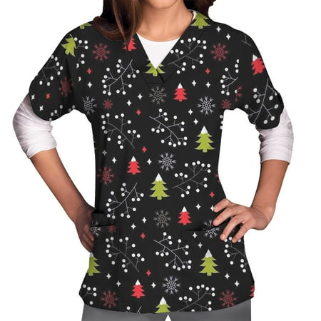

Meichang Womens Christmas Print Scrub Tops Easy Fit V-Neck Working Uniform Comfy Short Sleeve Nursing Uniform Medical Workwear with Pocket