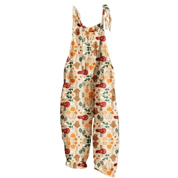 JWZUY Womens Hawaiian Mushroom Print Wide Leg Romper Cotton Linen Bib Overalls Casual Sleeve Spaghetti Strap Romper One Piece Jumpsuit Hot Pink XXL