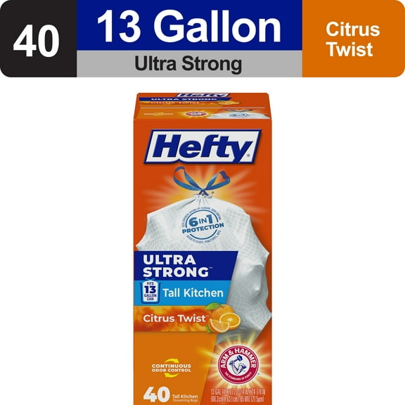 Hefty Ultra Strong 13 Gallon Trash Bags, Tall Kitchen Trash Bags, White, Citrus Twist Scent, 40 Bags
