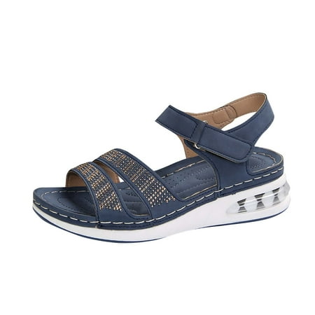 CHOII Promotion! Women s Solid Color Elevated Air Cushion Wedge Casual Beach Shoes Velcro Thong Sandals for Ladies Anti-slip Sole Slide Slipper for Girl Ankle Strap Sandals Dark Blue/5.5