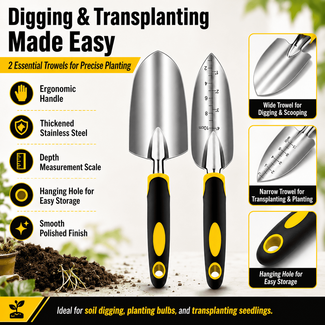 Heavy Duty Garden Tools Set, 5 Piece Rust Resistant Aluminum and Steel Gardening Hand Tool Kit with Ergonomic Non Slip Handles, Pruning Shears, Trowel, Transplanter, Cultivator and Gloves