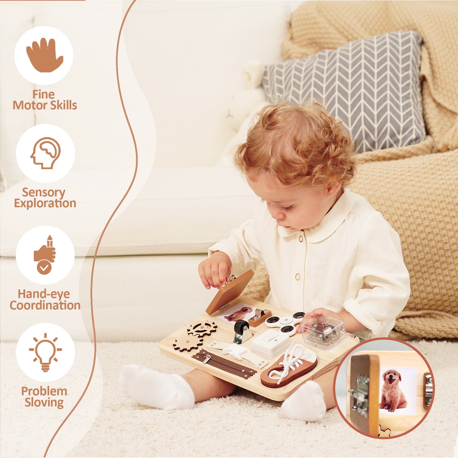 Potatomato Busy Board Toddlers - Montessori Educational Fidget Toys for Baby - Wooden Sensory Toys Autistic Children - Preschool Learning Activities Fine Motor Skills – Travel Toy