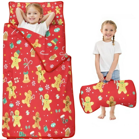 Red Christmas Gingerbread Man Pattern Toddler Nap Mats for Kids Preschool,50"x20" Sleeping Mat Bag or Kids,Toddler Sleeping Bag,Toddler Nap Mat or Daycare