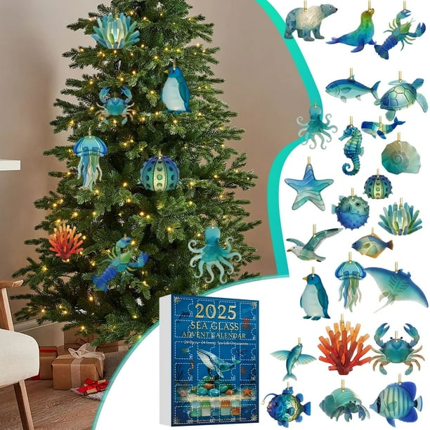 Hogar y jardín, Decoración del hogar, Calendario de Adviento navideño de vidrio marino Formas artesanales Incluye 24 adornos colgantes de acrílico planos coleccionables Cuenta regresiva de 24 días, un