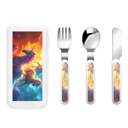 

Easygdp Dreamy Night Sky White Horse 3-Piece Flatware Set Kids Silverware Stainless Steel Toddler Kids Utensils Safe for Preschooler Children