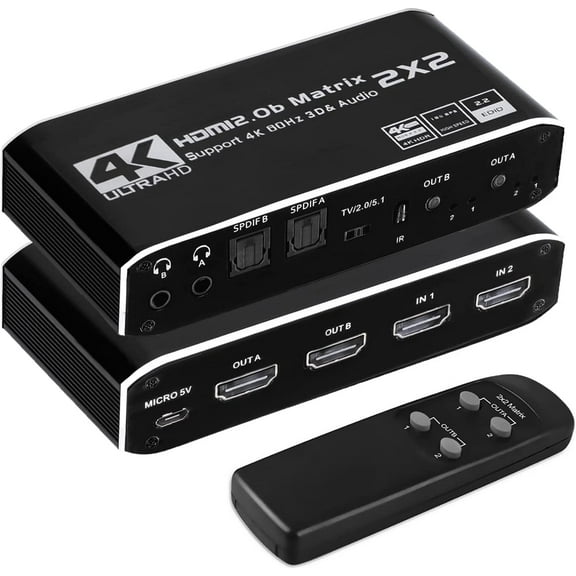 HDMI Matrix 2x2,AUBEAMTO 4K@60Hz HDMI Matrix Switch 2 in 2 Out with IR Remote Control, Support HDMI 2.0b, HDCP2.2, HDR10, Ultra HD, 3D