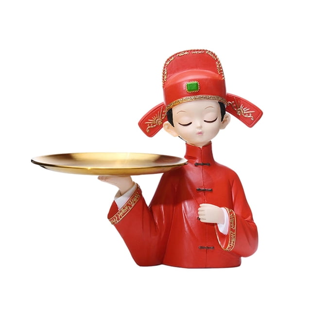 Bandeja de almacenamiento de resina para estatuas de novia/novio, soporte para guardar baratijas de frutas 24x24cm con sombrero