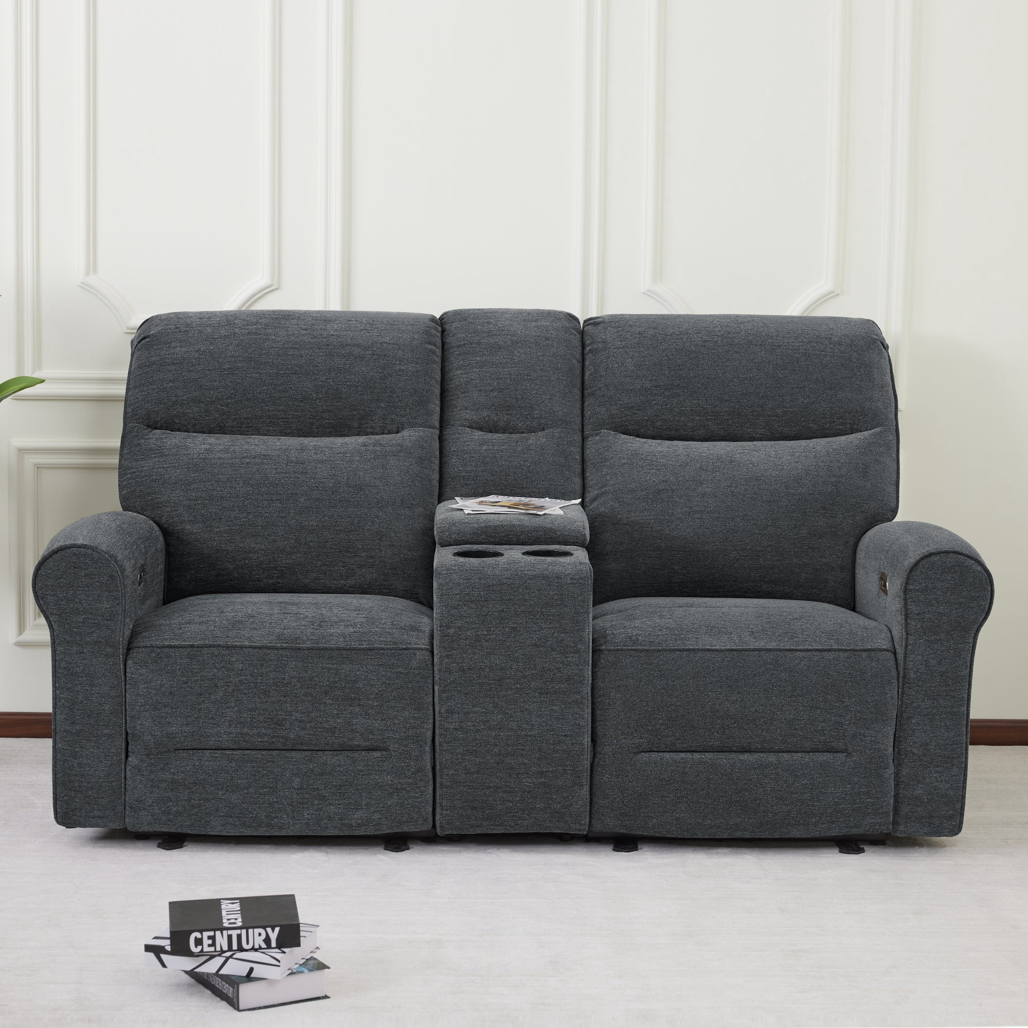 MCombo 78.3" Wall Hugger Power Loveseat Recliner Sofa with Console, Reclining Loveseat with USB Ports, Cup Holders, for Small Spaces Living Room RV, Fabric PR635M2 (Dark Grey)