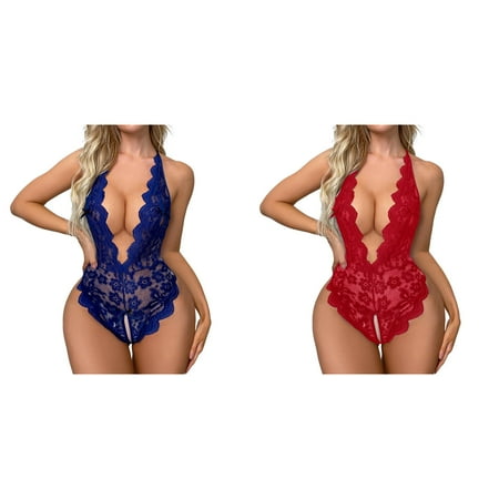 (2-Pack) Kcodviy Women Flower Print Vintage Boudoir Doll Mesh Lace Women s Plus Size 1 Pieces Bodysuit Women s Push Up Underwear