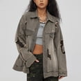thumbnail image 2 of Women's Distressed Denim Jacket with Fashionable Large Pockets in Plus Sizes Womens Denim Jacket Dark Gray S, 2 of 7