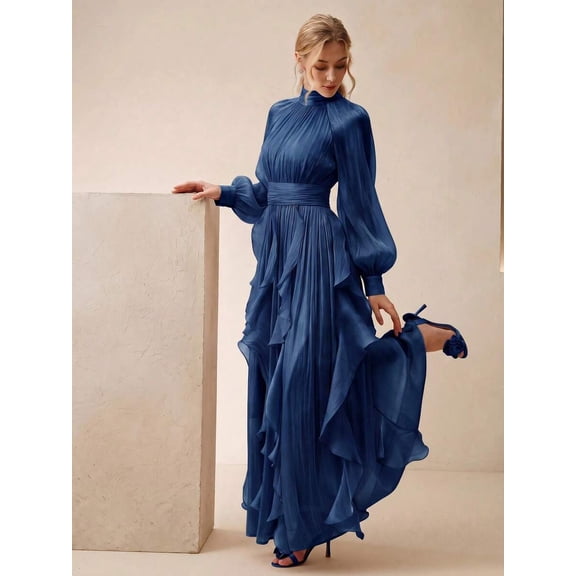 Womens Blue Long Sleeve High Neck Maxi Dress Ruched Waist Flowy Ruffle Hem