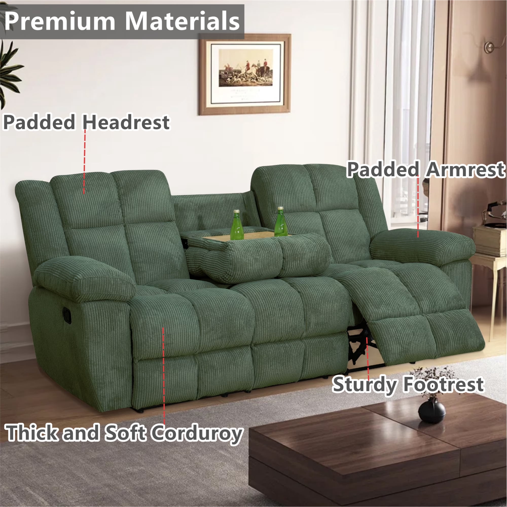 Aukfa 3-Piece Recliner Sofa Set, Oversized Armchair+Loveseat +3 Seat Sofa, 2 Cup Holders&Storage Console, Corduroy, Green