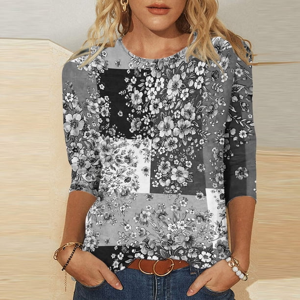 ICHUANYI Clearance Women's Fashion Printed Loose T-shirt Mid-length 3/4 Sleeves Blouse Round Neck Casual Tops(Gray, M) ICHUANYI WER2023081107568